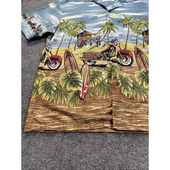 Ky's Hawaiian Shirt Men's Large Cotton Motorcycles Surfboards Tiki Hut Button-Up - Picture 7 of 16